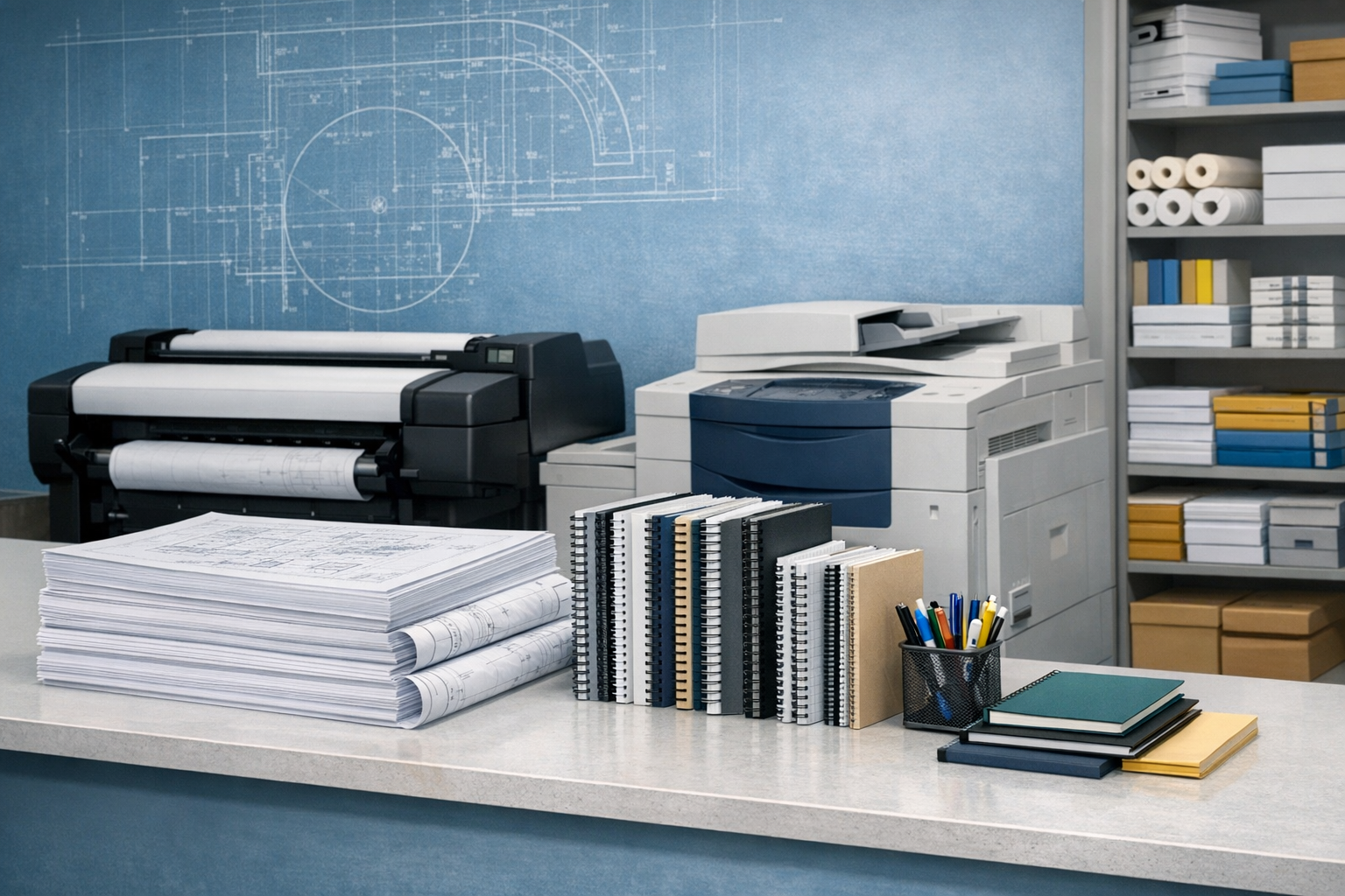 Large format plotter, xerox printer, engineering drawings, spiral bound reports, and stationery in a print center
