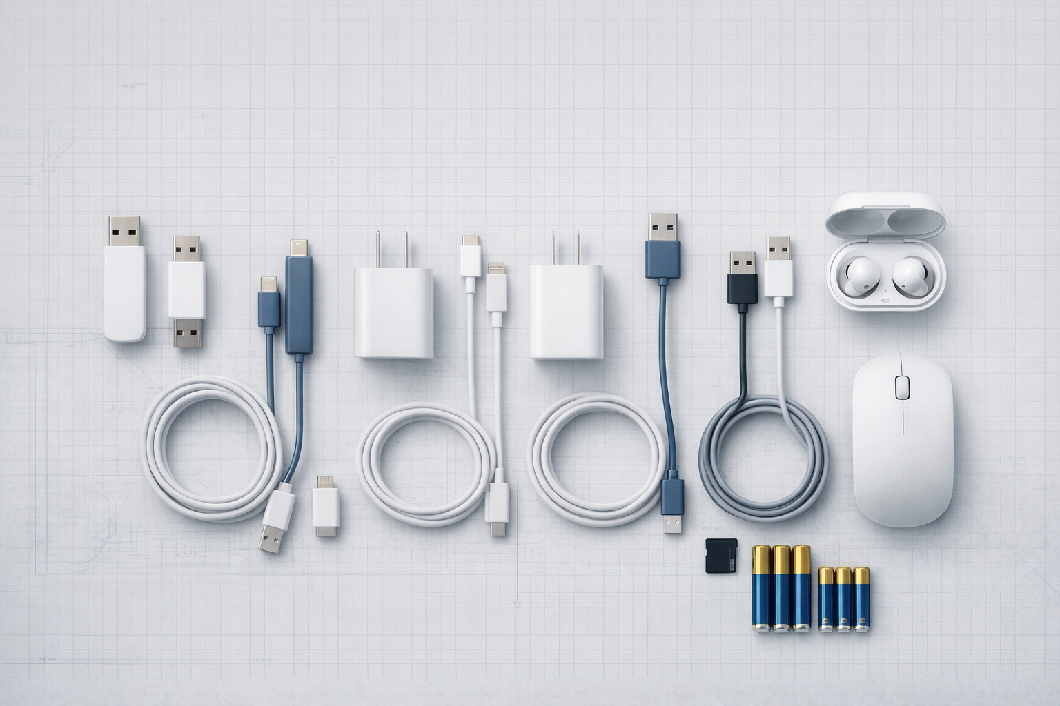 USB flash drives, charging cables, adapters, batteries, memory card, earbuds case, and computer mouse on a blueprint desk